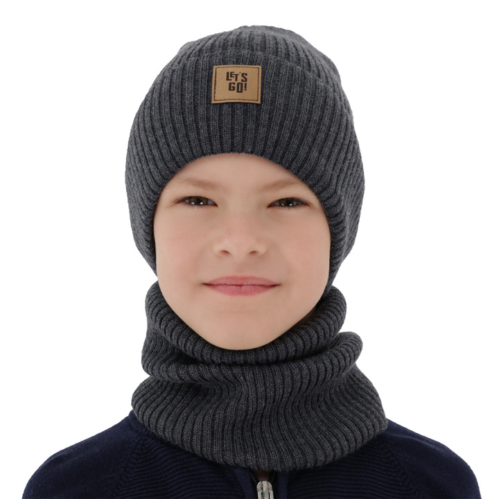Boy's spring, autumn set: hat and tube scarf grey 100% merino wool Vanto