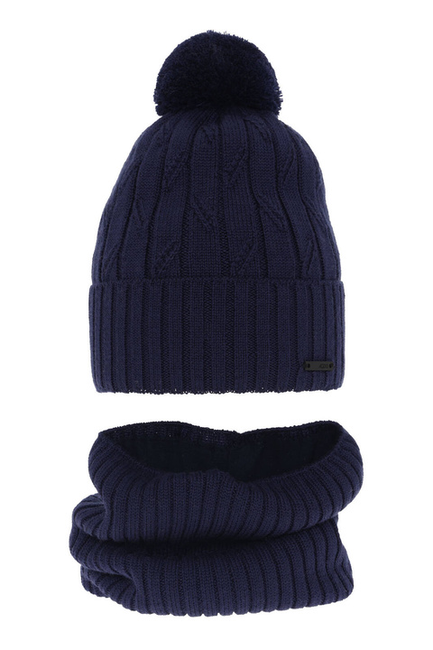 Boy's winter set: hat and tube scarf navy blue merino wool Talar with pompom