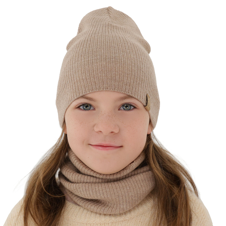 Girl spring autumn set hat and tube scarf beige 100% extra fine merino wool Ricona