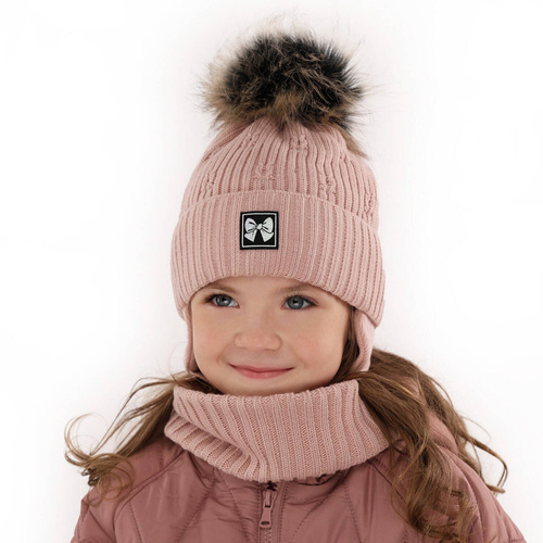 Girl's winter set: hat and tube scarf beige Kinia with pompom