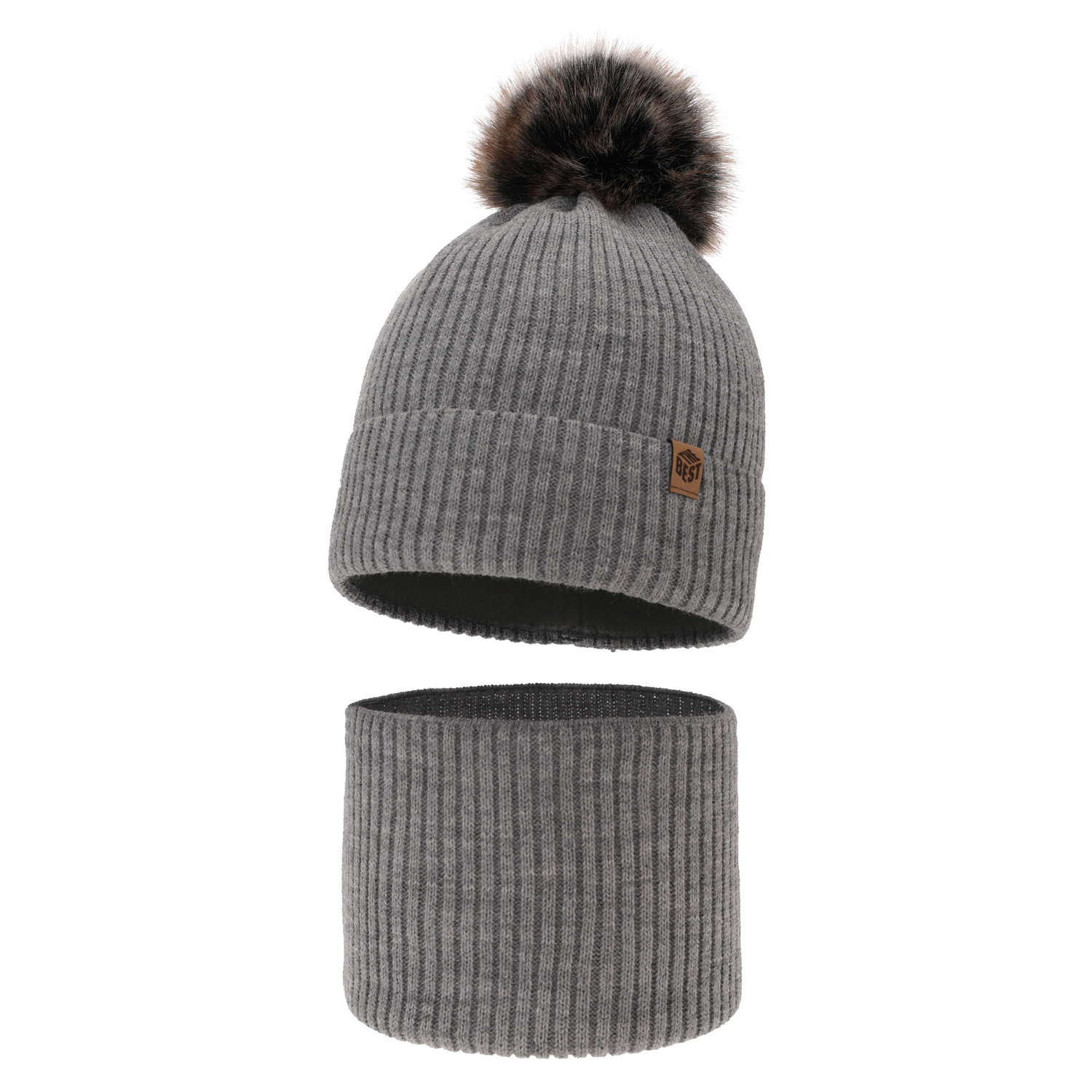 Boy's winter set: hat and tube scarf grey with pompom Wizar