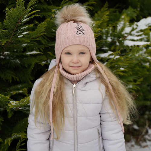 Girl's winter set: hat and tube scarf grey Treccia with pompom