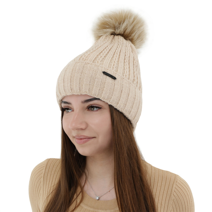 Woman's winter hat beige Karizma with pompom