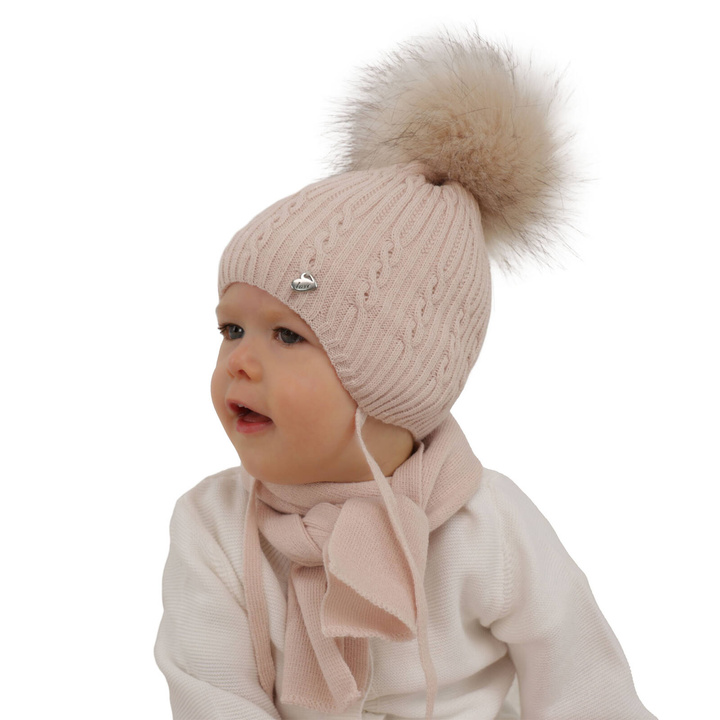 Girl's winter set: hat and scarf beige with pompom Amana