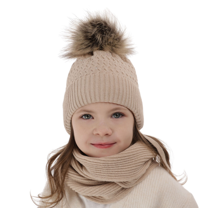 Girl's winter set: hat and scarf beige with pompom Zelta