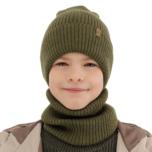 Boy's spring/ autumn set: hat and tube scarf brown 100% extra finemerino wool Lemas
