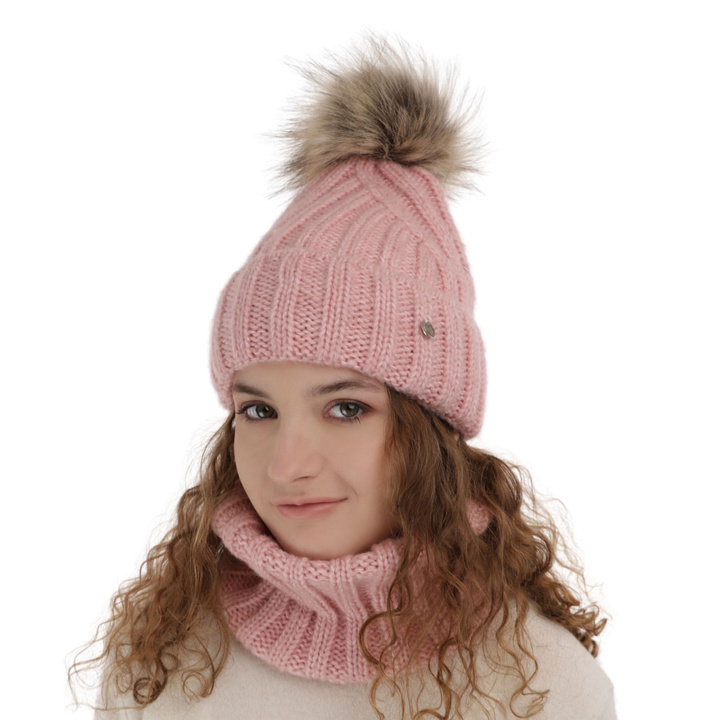 Girl's winter set: hat and tube scarf pink Polaris with pompom