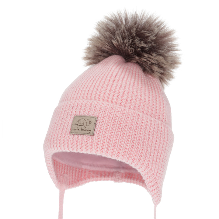 Girl's winter hat, pink, with ears, 100% merino wool, Jena