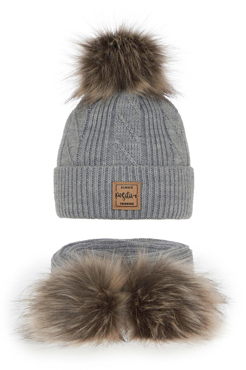 Girl's winter set: hat and scarf grey Gabriela with two pompom