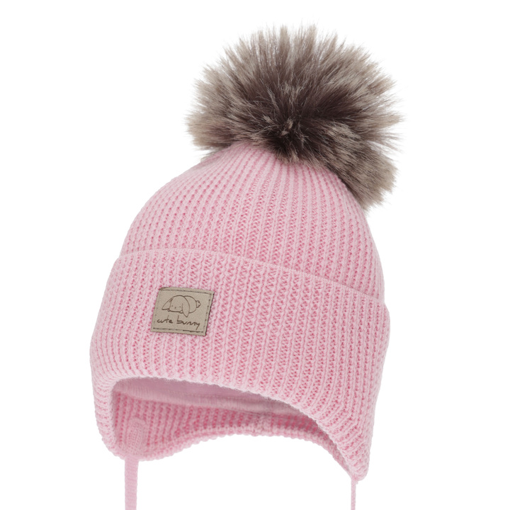 Girl's winter hat, pink, with ears, 100% merino wool, Jena