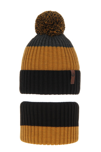 Boy's winter set: hat and tube scarf black Karson with pompom