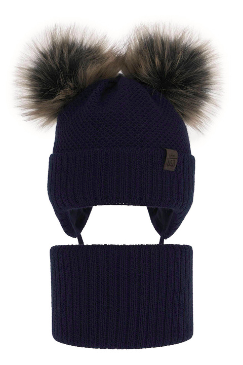 Boy's winter set: hat and tube scarf navy blue Randel with two pompom