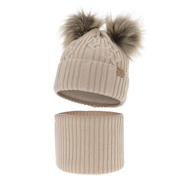 Girl's winter set: hat and tube scarf beige with two pompoms Sierra