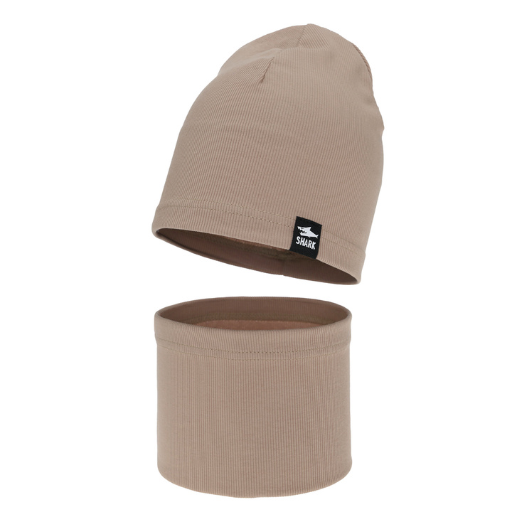 Boy's spring, autumn set: hat and tube scarf, dark beige, cotton, Rumel
