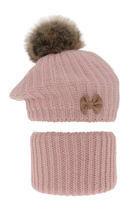 Girl's winter set: hat and tube scarf pink Polinezja with pompom