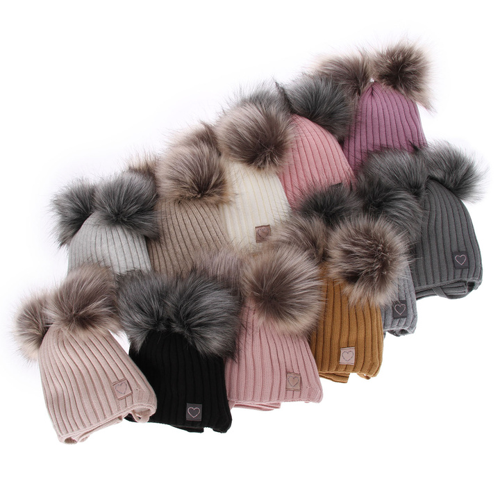 Girl's winter set: hat and tube scarf pink Telisa with two pompom