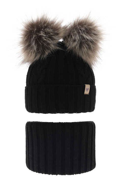 Girl's winter set: hat and tube scarf black with two pompoms Amala