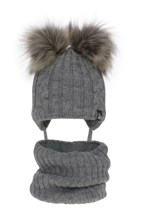 Girl's winter set: hat and tube scarf grey Marlen with two pompom