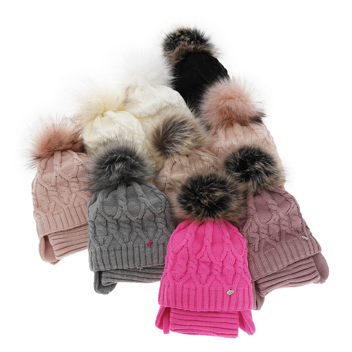 Girl's winter set: hat and tube scarf grey Elena with pompom