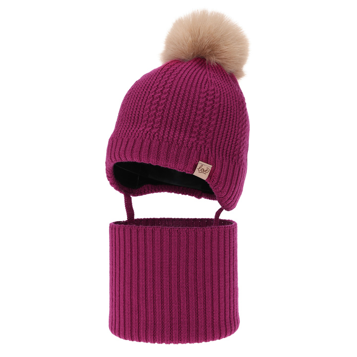 Winter hat and tube scarf set for girl, amaranth, 100% merino wool, lined with woolen fleece, with ties Danielle