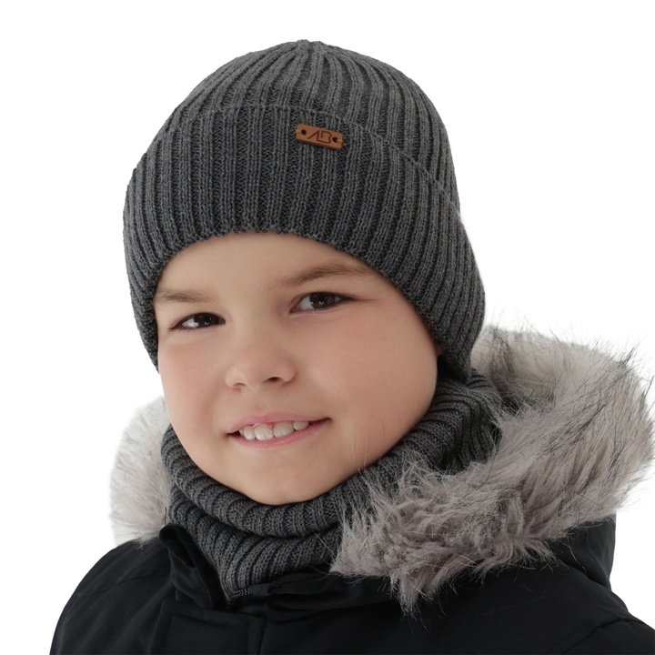 Boy's winter set: hat and tube scarf grey merino wool Palermo