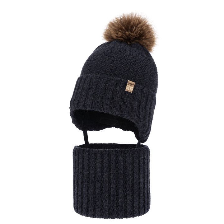 Boy's winter set: hat and tube scarf navy blue with pompom Kayen