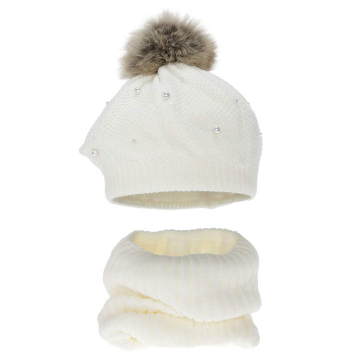 Girl's winter set: beret and tube scarf, cream, cotton lining, with pompom, Jeanette