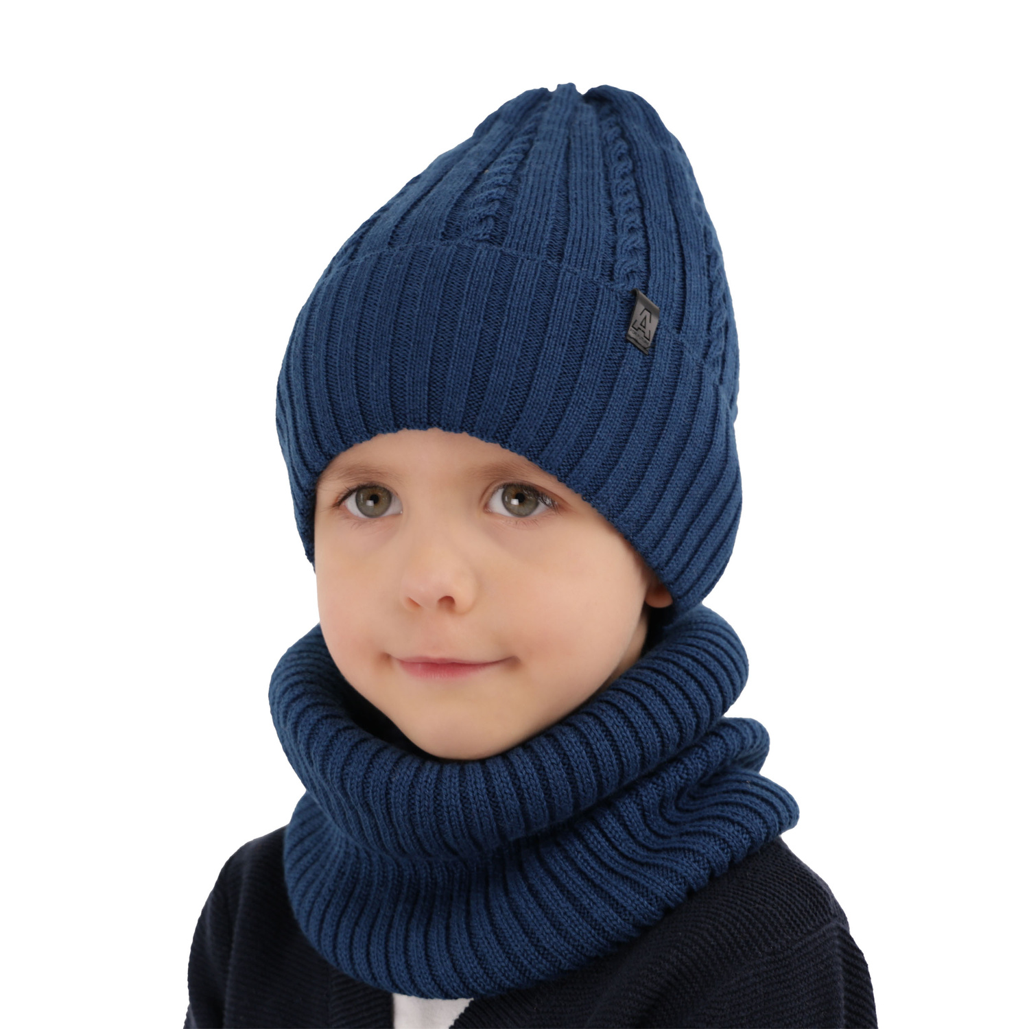 Boy's winter set: hat and tube scarf navy blue merino wool Kairo