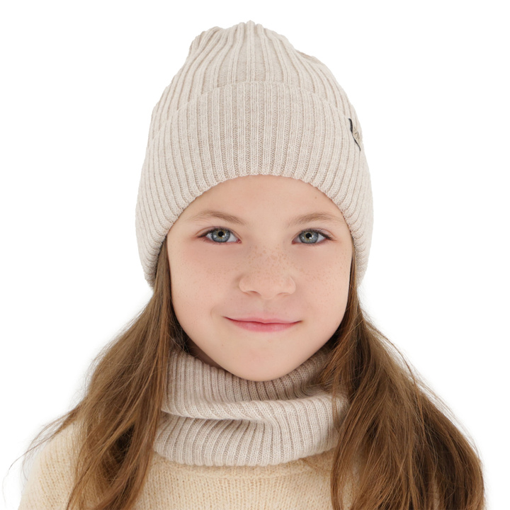 Girl's winter set: hat and tube scarf, grey, 100% merino wool, Patricia