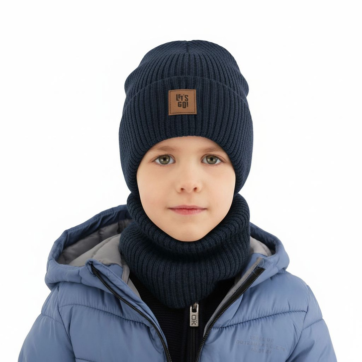 Boy's spring, autumn set: hat and tube scarf blue 100% merino wool Vanto