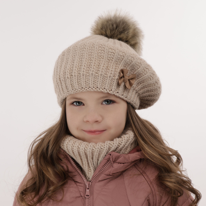 Girl's winter set: hat and tube scarf ecru Polinezja with pompom