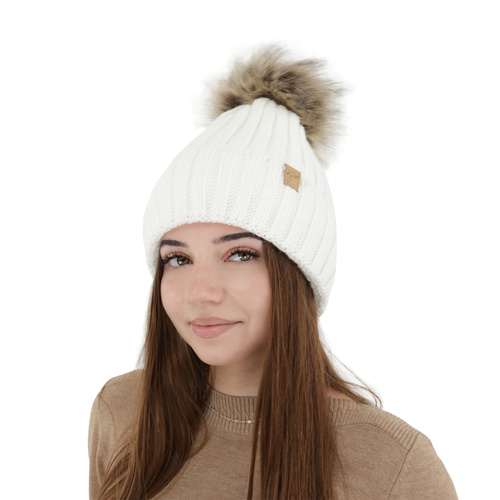 Woman's winter hat white Europa with pompom