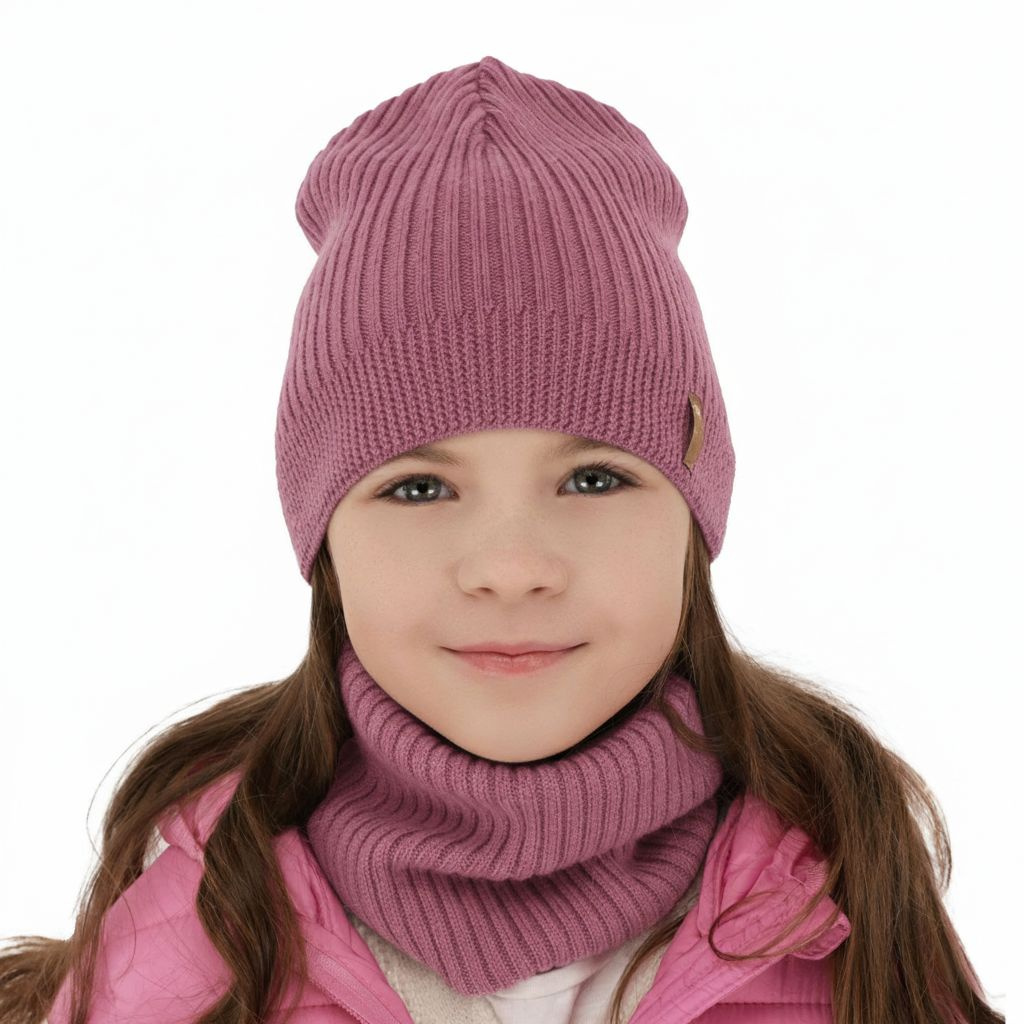 Girl spring autumn set hat and tube scarf pink 100% extra fine merino wool Chelsie