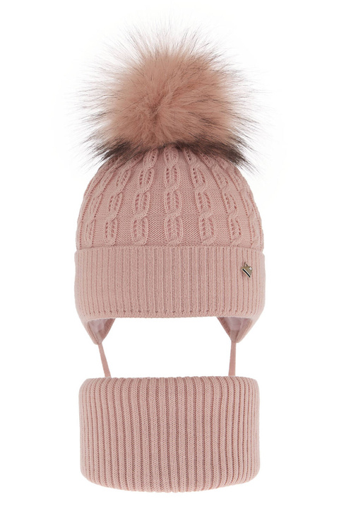 Girl's winter set: hat and tube scarf pink with pompom Tukana