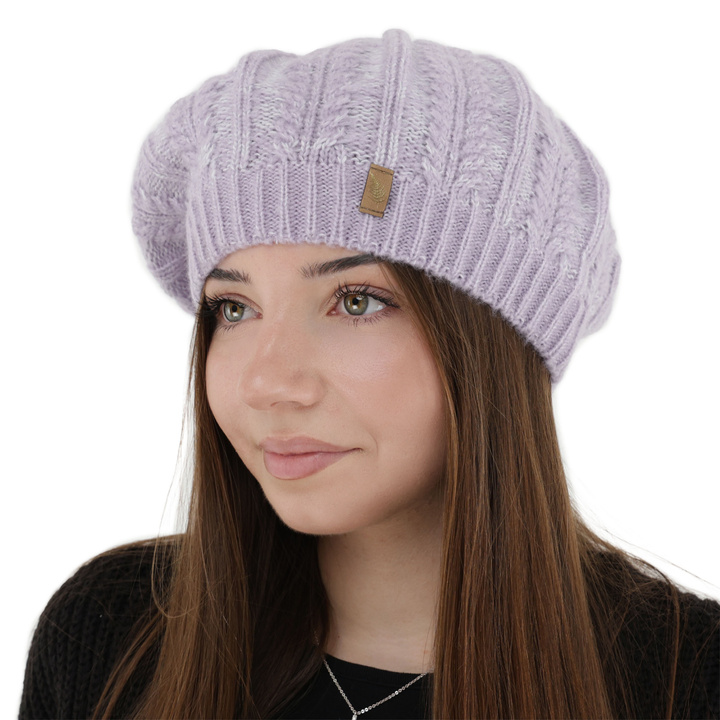 Woman's winter beret, purple, with merino wool, Senja