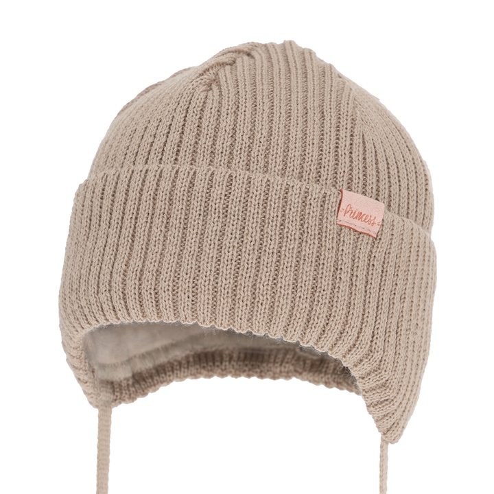 Girl's winter hat, beige, with ears, with merino wool, Punia