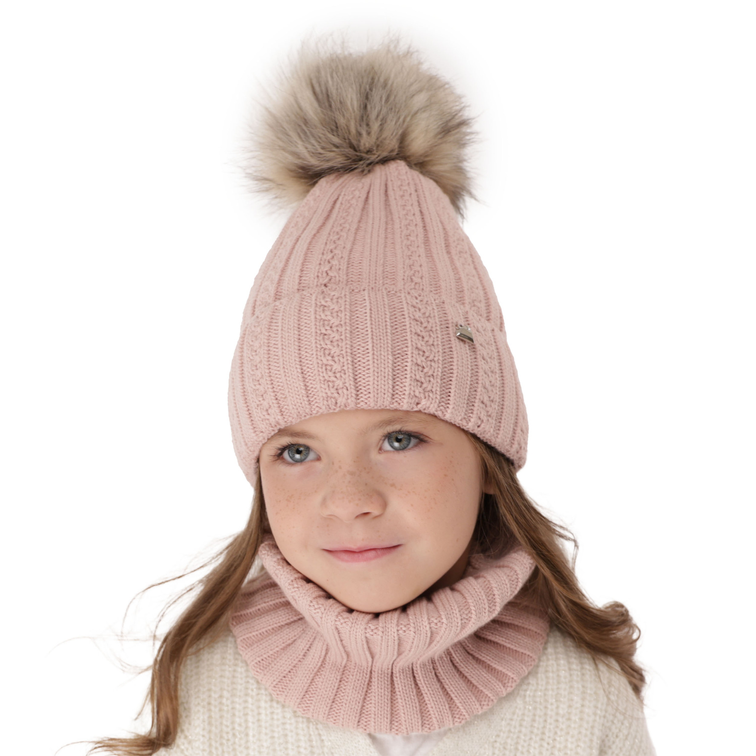 Girl's winter set: hat and tube scarf white Wirginia with pompom
