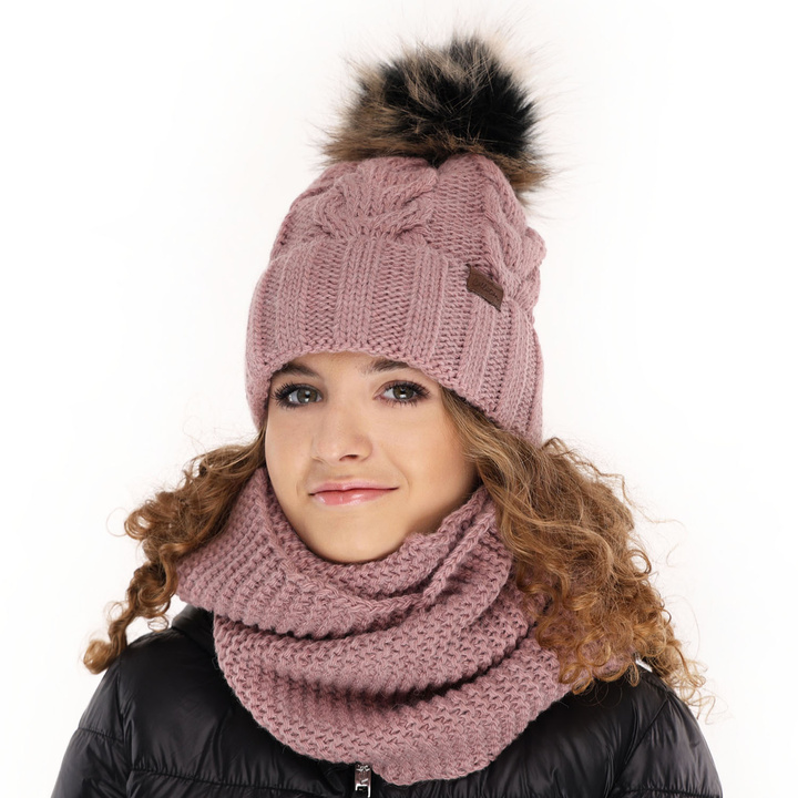 Girl's winter set: hat and tube scarf pink Torina with pompom