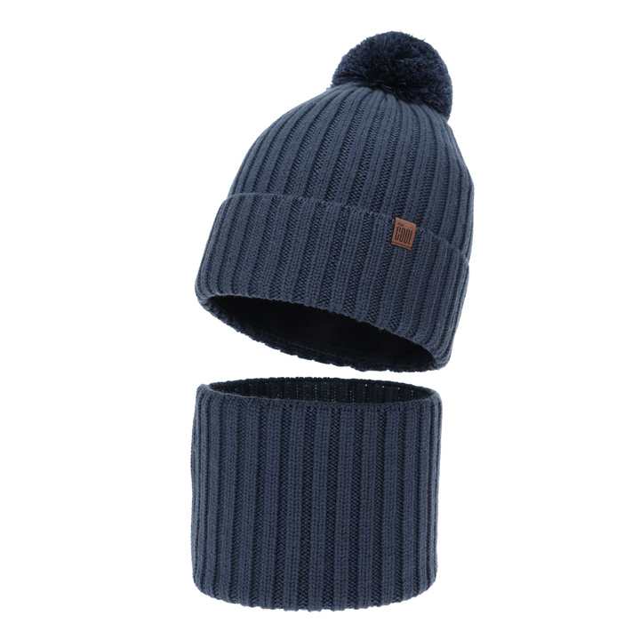 Boy's winter set: hat and tube scarf, dark blue, 100% merino wool, cotton lining, Tolmar