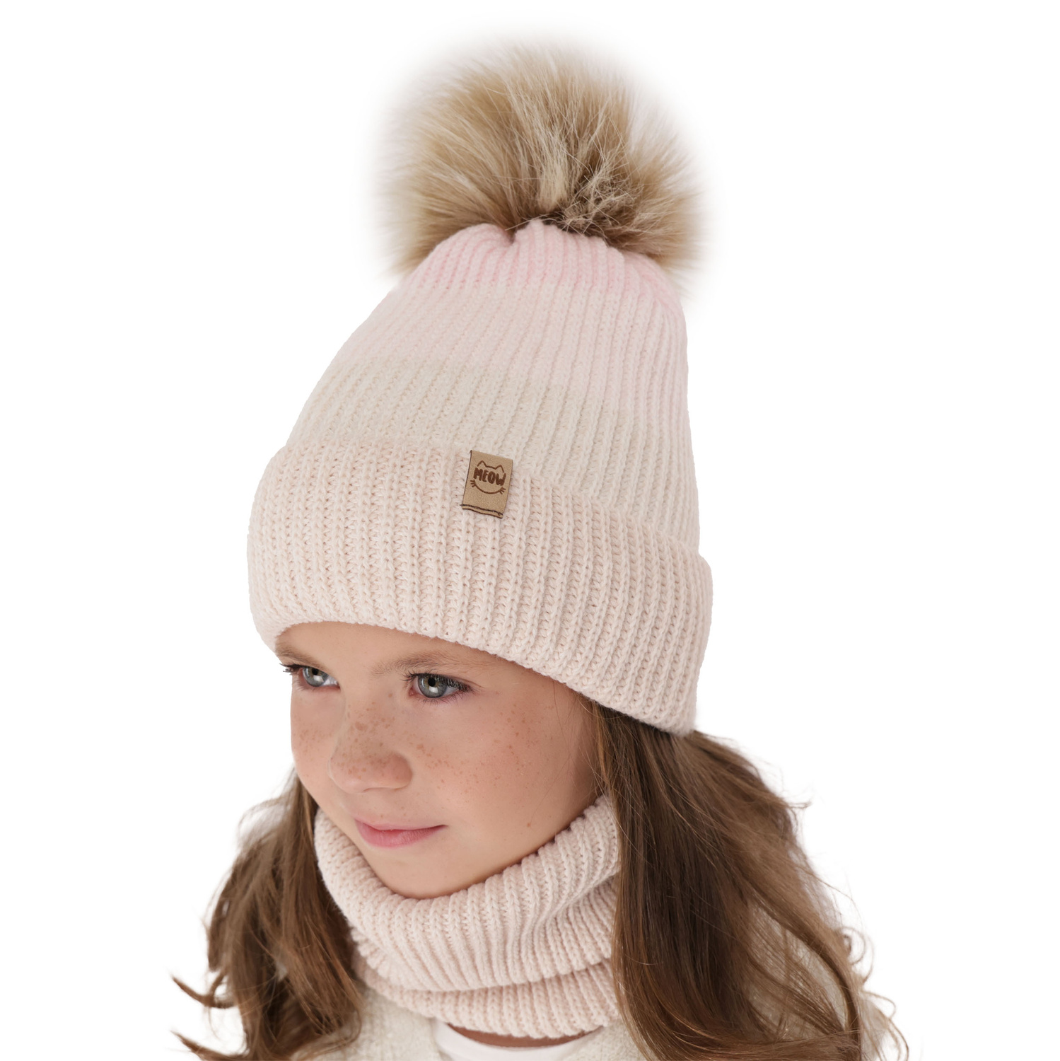 Girl's winter set: hat and tube scarf grey Gimena with pompom