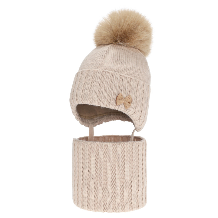 Girl's winter set: hat and tube scarf beige with pompom Talena