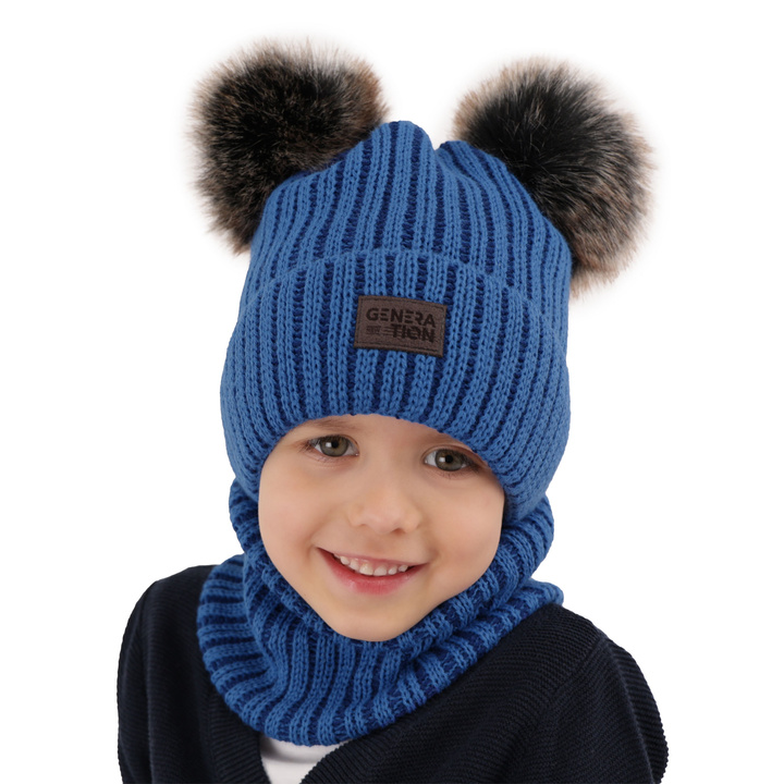 Boy's winter set: hat and tube scarf blue with two pompoms Tokio