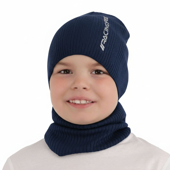 Children's autumn/ spring set: hat and tube scarf, with cotton, navy blue Kolorado