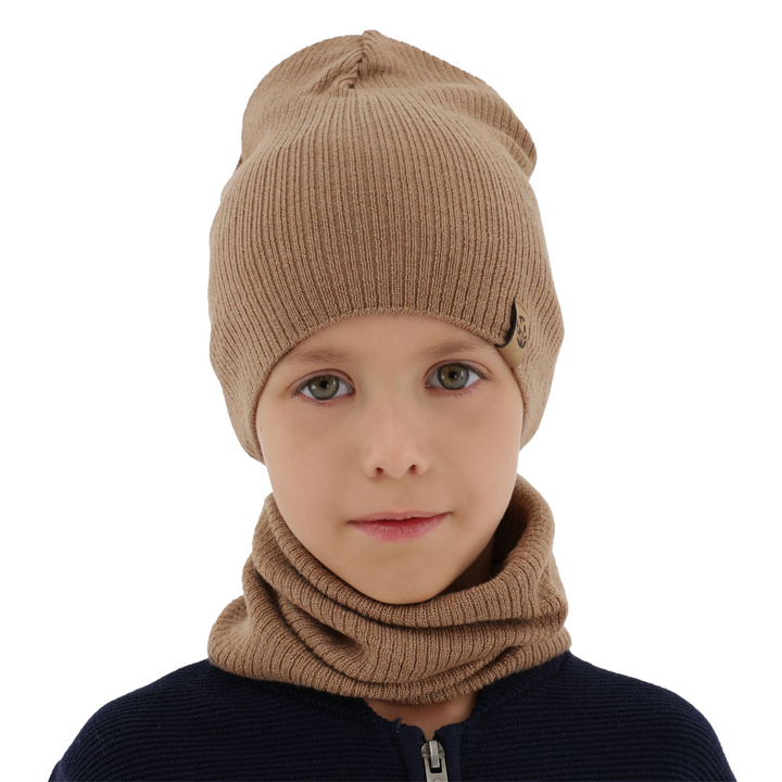 Boy's spring/ autumn set: hat and tube scarf camel 100% extra finemerino wool Richi