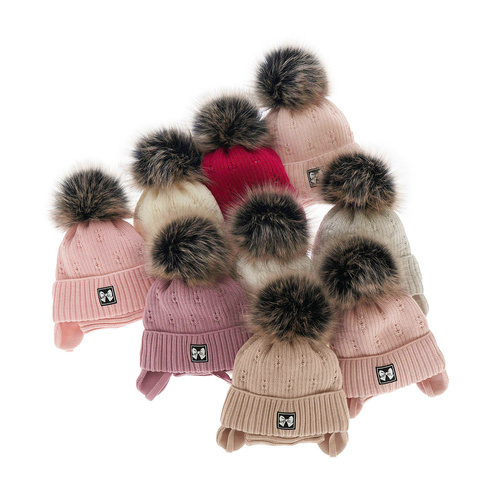 Girl's winter set: hat and tube scarf beige Kinia with pompom