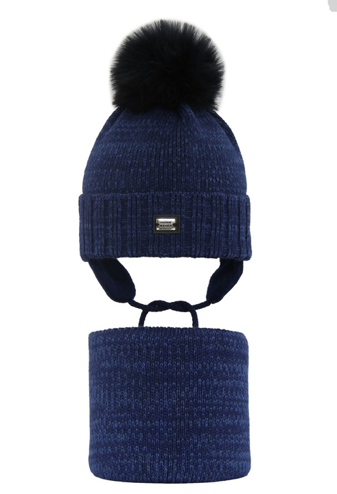 Boy's winter set: hat and tube scarf navy blue Grawer with pompom