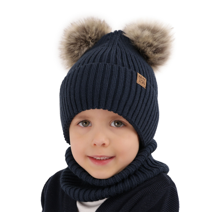 Boy's winter set: hat and tube scarf navy blue with two pompoms Oxford