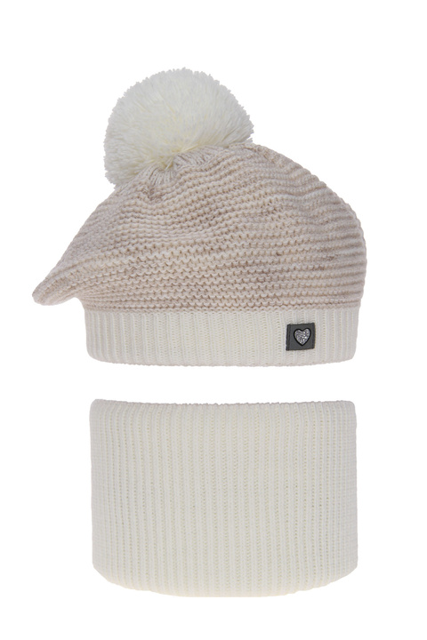 Girl's winter set: hat and tube scarf beige Lira with pompom