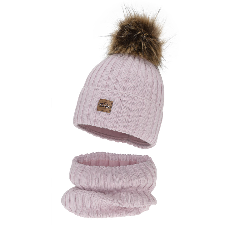 Girl's winter set: hat and tube scarf, purple, fleece lining, with merino wool, Bellina