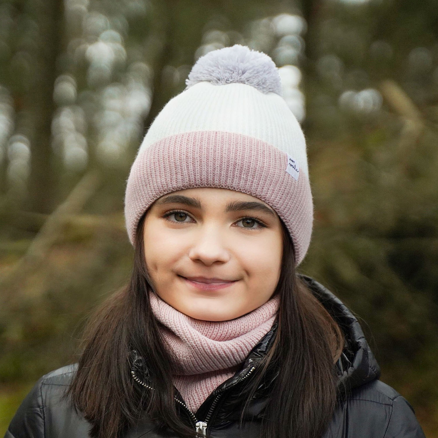 Girl's winter set: hat and tube scarf grey Rosalin with pompom